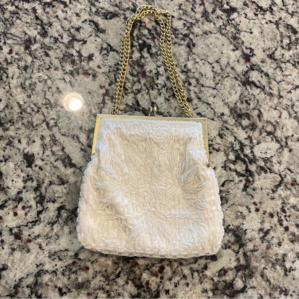 Vintage La Regale White Beaded Clutch with Gold Chain